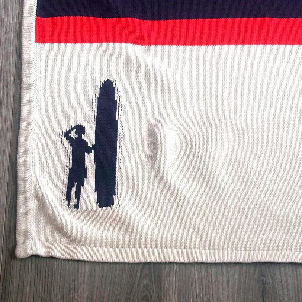 Johnny O Throw Blanket Cream Blue Red Striped Surfer Knit Coastal Preppy 53x64